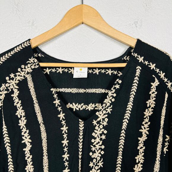 By Together x Anthropologie Shift Dress Black Tan Cap Sleeve EMbroider - S - Picture 4 of 5